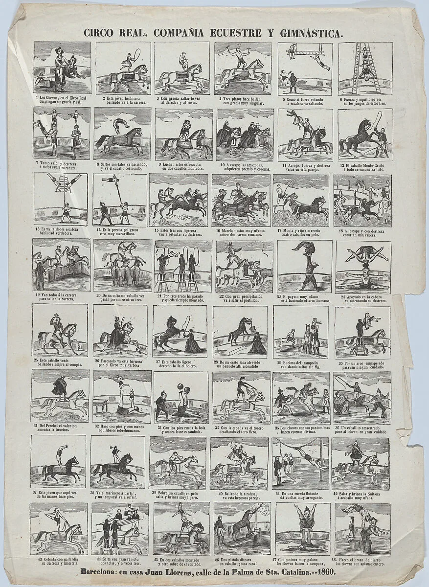 Broadside with 48 scenes depicting the equestrian and gymnastic moves of the royal circus — Juan Llorens
