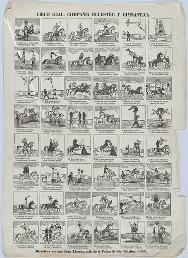 Broadside with 48 scenes depicting the equestrian and gymnastic moves of the royal circus