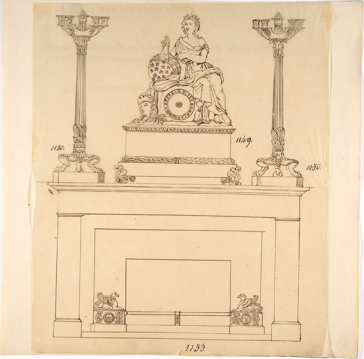 Designs for Fireplace Iron, Mantle Candlesticks and a Clock — Anonymous, French, 19th century