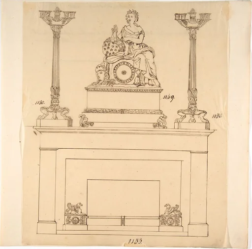 Designs for Fireplace Iron, Mantle Candlesticks and a Clock