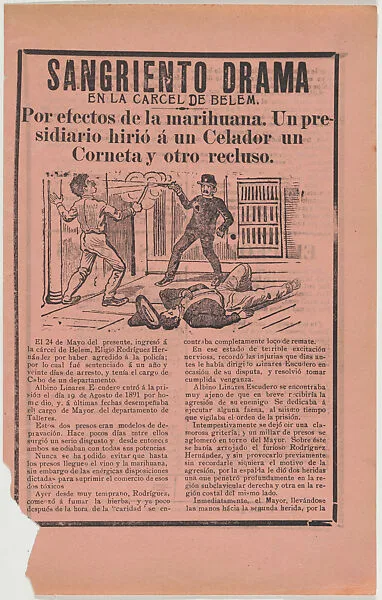 Flyer relating to a murder in a prison, the guard shooting a convict holding a knife, a wounded vitctim is on the ground — Antonio Vanegas Arroyo|Anonymous, Mexican