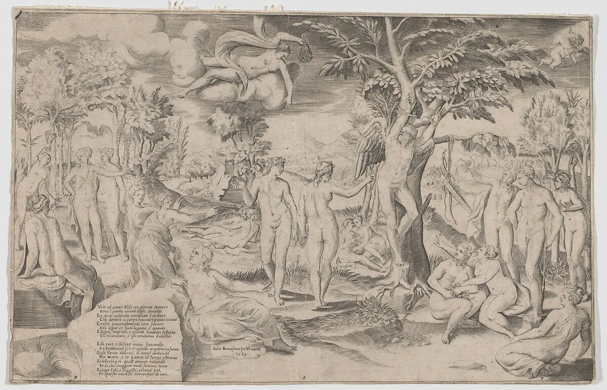 Cupid in the Elysian Fields tied to a tree in the centre, surrounded by many figures — Pietro Stefanoni|Giulio Bonasone