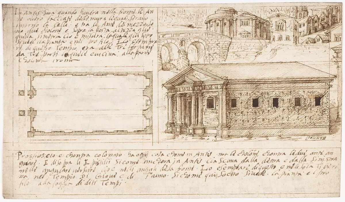 Recto: Temple Types: in Antis and Prostyle (Vitruvius, Book 3, Chapter 2, nos. 2, 3); Verso: Temple Types: Peripteral (Vitruvius, Book 3, Chapter 2, no. 5). — Sangallo family|Marcus Pollio Vitruvius