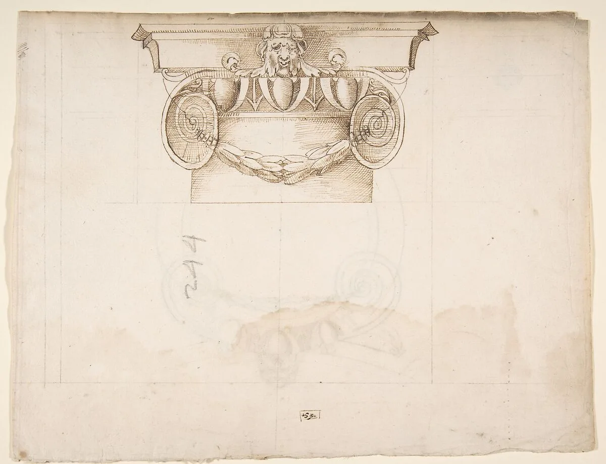 Palazzo dei Conservatori, Ionic capital, elevation (recto) Palazzo dei Conservatori, Ionic capital, plan and projection (verso) — Anonymous, French, 16th century