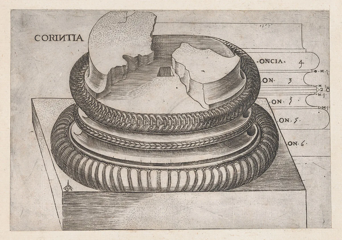 Speculum Romanae Magnificentiae: Corinthian base from the Temple of Mars Ultor, Rome — Monogrammist G.A. & the Caltrop