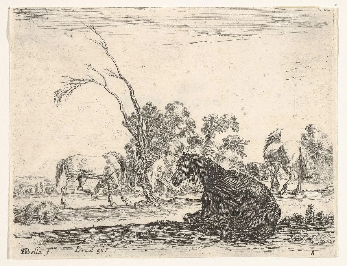 Plate 8: a seated horse to right, seen from behind and turned to the left, three other horses in middleground, a tree in center, from 'Various Figures' (Agréable diversité de figures) — Stefano della Bella|Israël Henriet