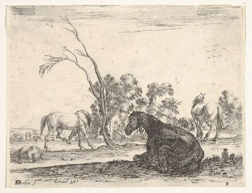 Plate 8: a seated horse to right, seen from behind and turned to the left, three other horses in middleground, a tree in center, from 'Various Figures' (Agréable diversité de figures)