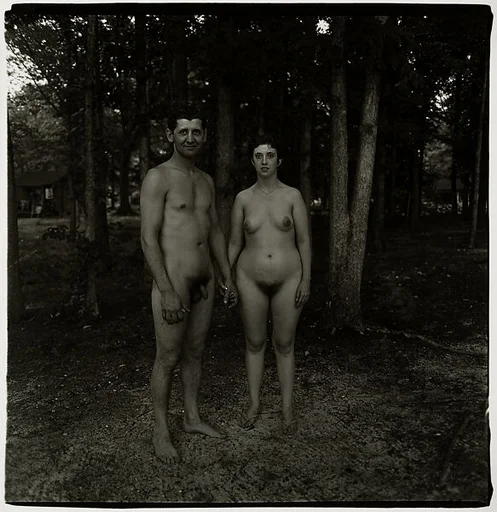 A husband and wife in the woods at a nudist camp, N.J.