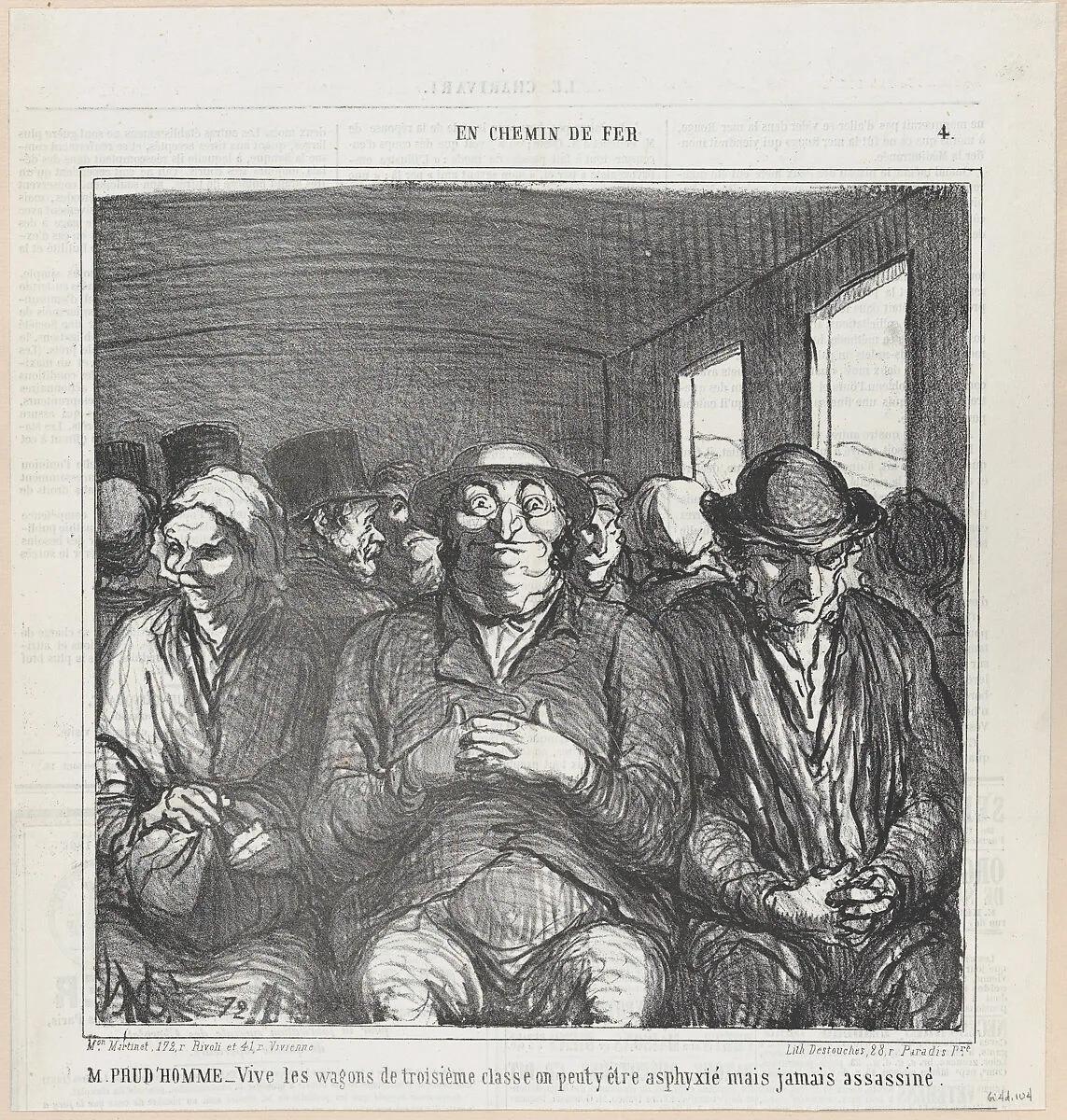 Mr. PRUDHOMME: Long live the third class compartments..., from 'On the train,' published in Le Charivari, August 30, 1864 — Honoré Daumier|Aaron Martinet|Destouches