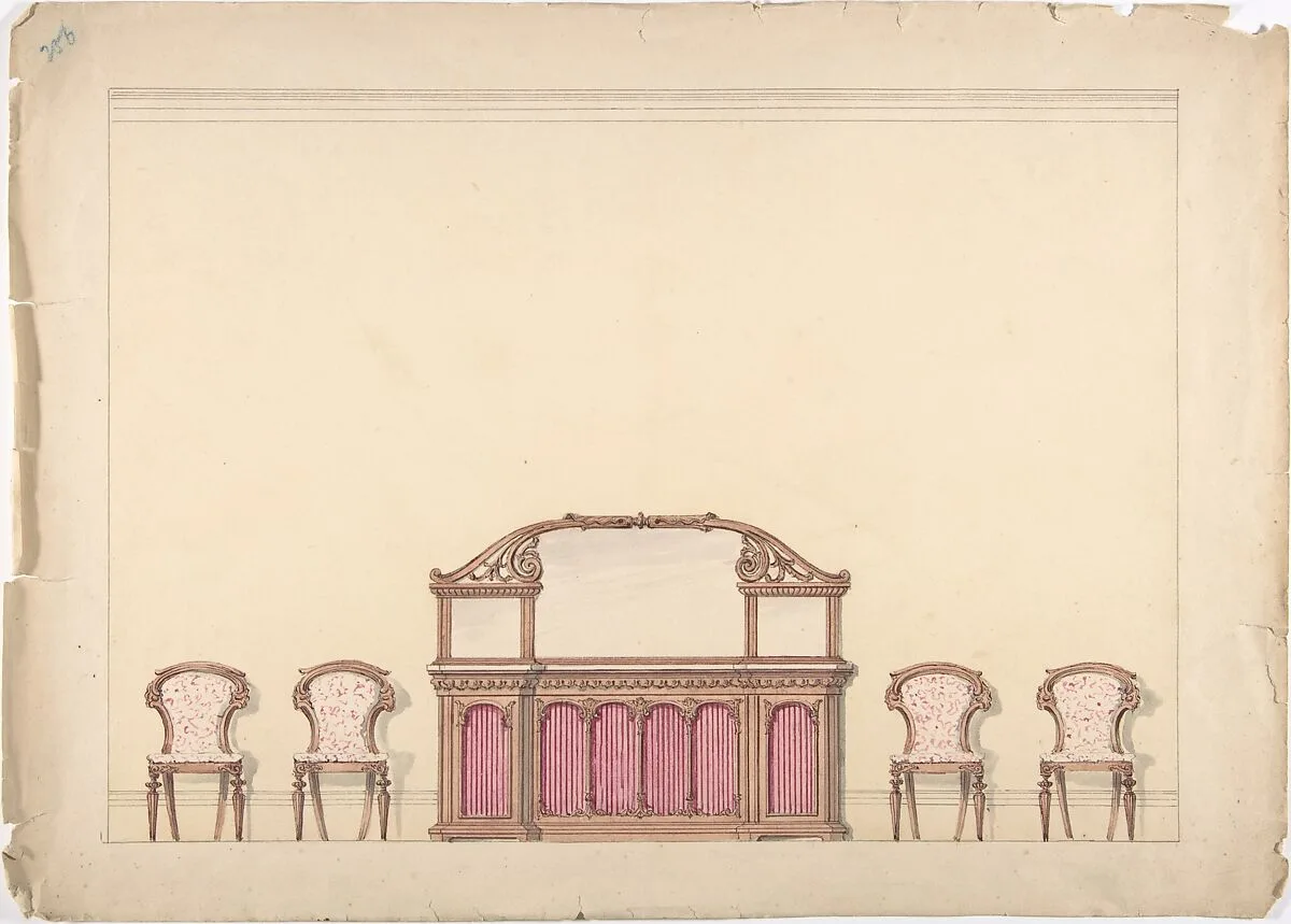 Design for a Mirrored Cabinet and Four Chairs — Anonymous, British, 19th century