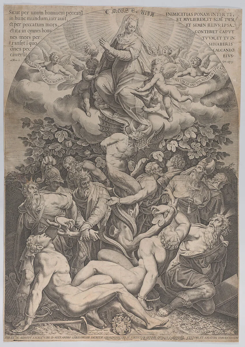 Allegory of the Immaculate Conception, with Adam, Eve, kings, priest, soldier and Moses tied at the bottom of a fig tree, and the Virgin sitting on cloud overhead, surrounded by angels — Giovanni Giacomo De Rossi|Giorgio Vasari|Philippe Thomassin