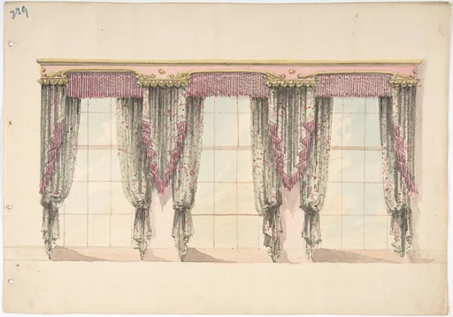 Design for Gray and Pink Curtains with Pink Fringes and a PInk and Gold Pediment