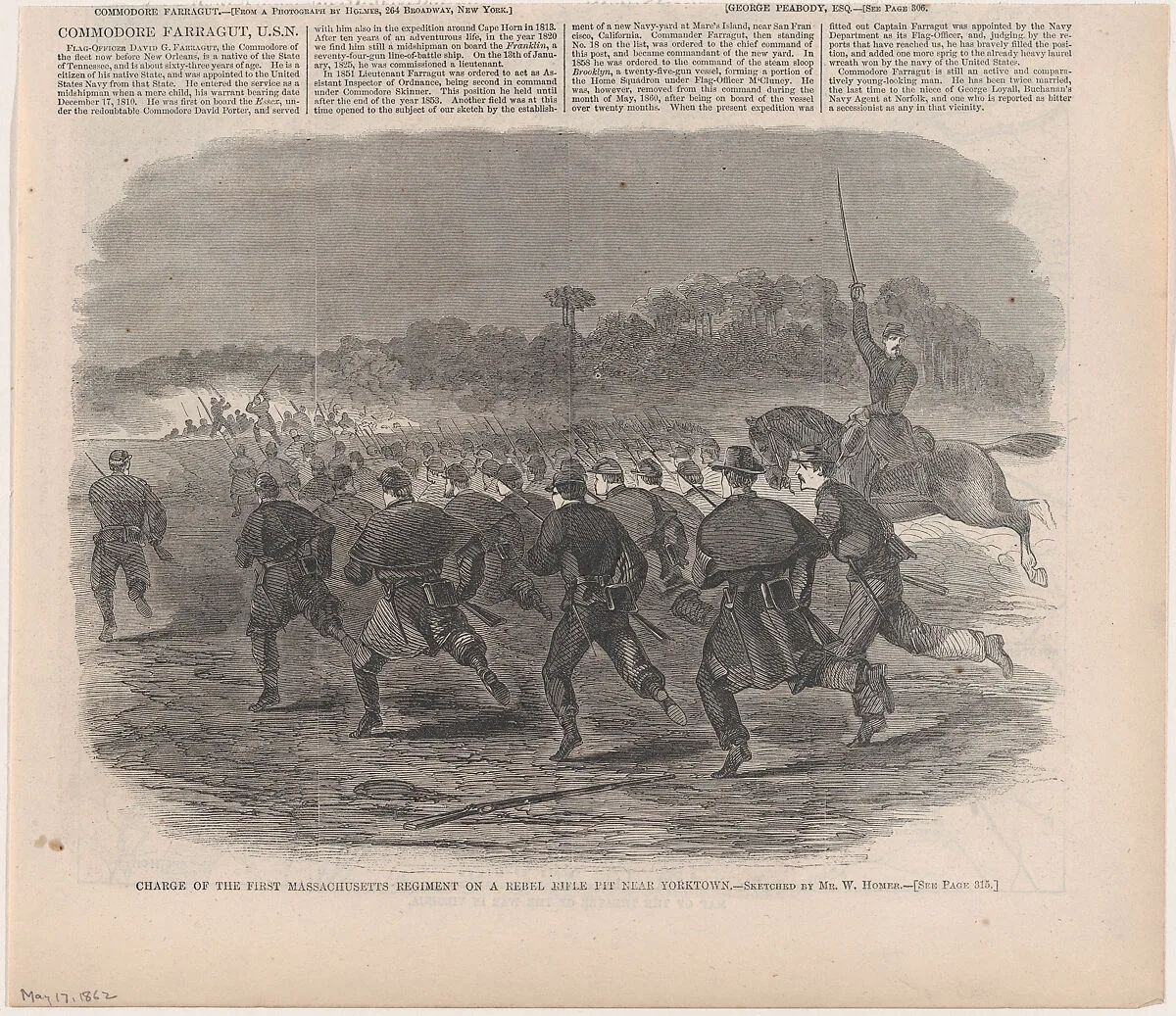 Charge of the First Massachusetts Regiment on a Rebel Rifle Pit Near Yorktown (from "Harper's Weekly," Vol. VI) — Harper & Brothers|Winslow Homer|Harper's Weekly