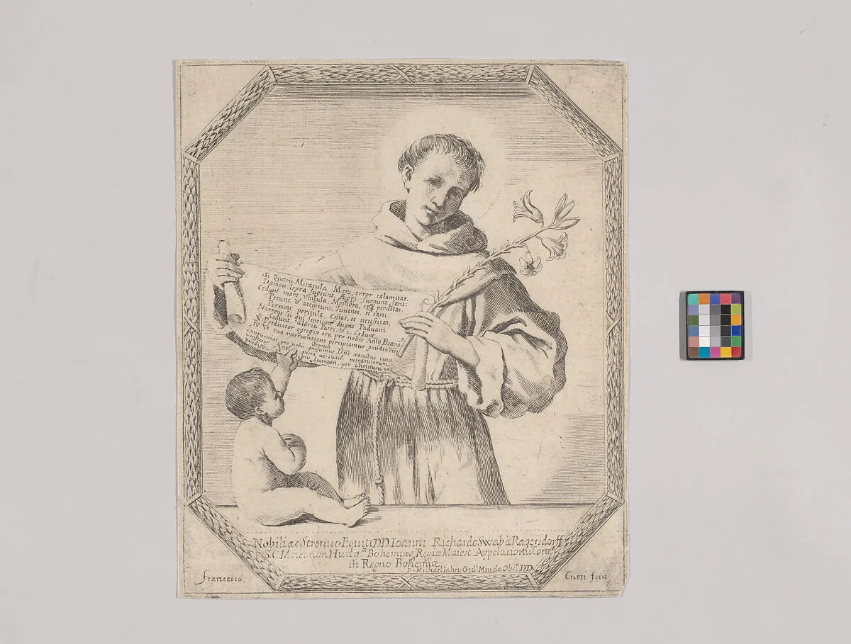 Saint Anthony of Padua holding a lily and a scroll, with an infant at lower left — Francesco Curti