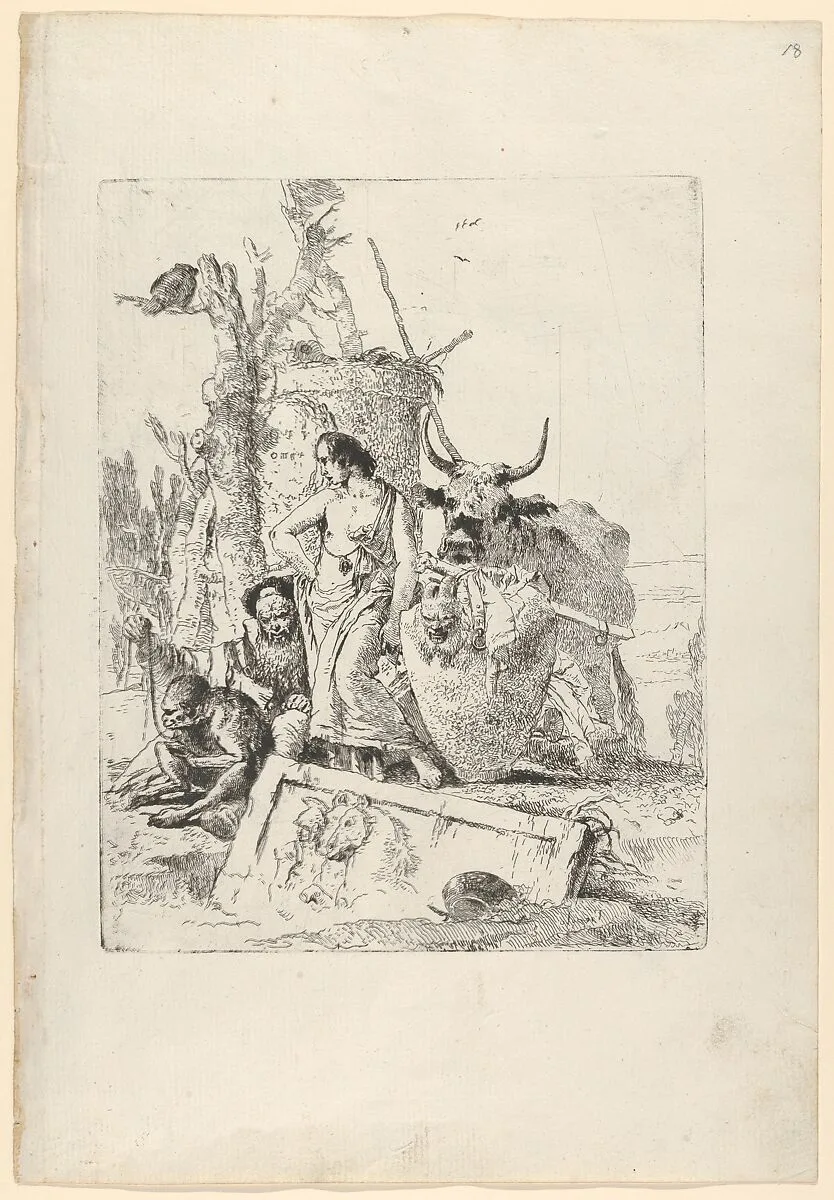 Young shepherdess and old man with a monkey, from the Scherzi — Giovanni Battista Tiepolo