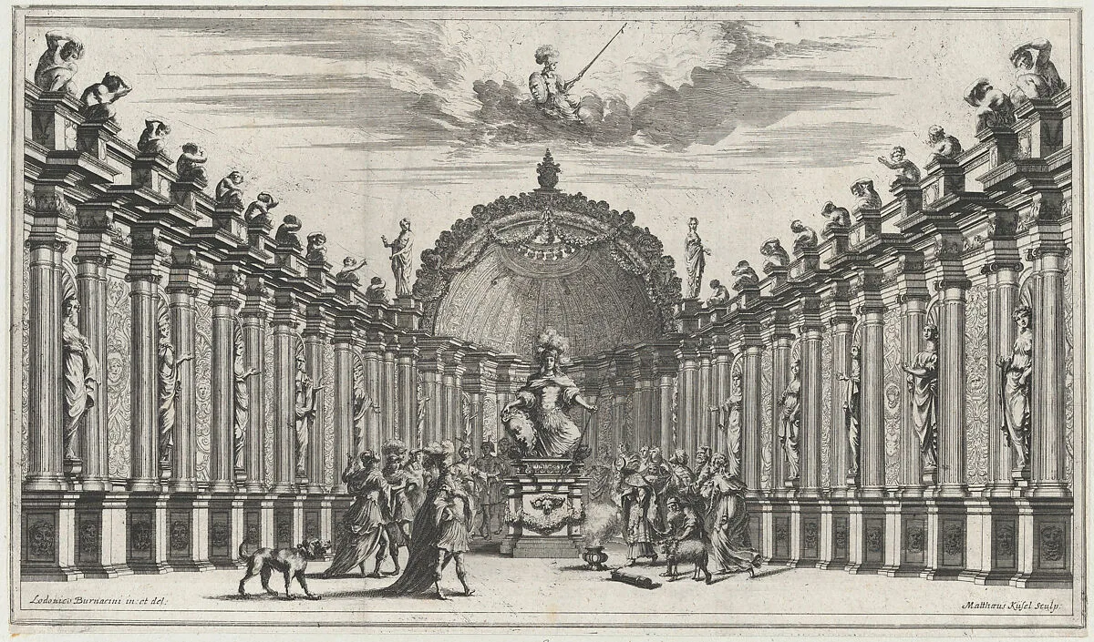Figures worshipping the statue of an armed figure; set design from 'Il Pomo D'Oro' — Ludovico Ottaviano Burnacini|Mathäus Küsel