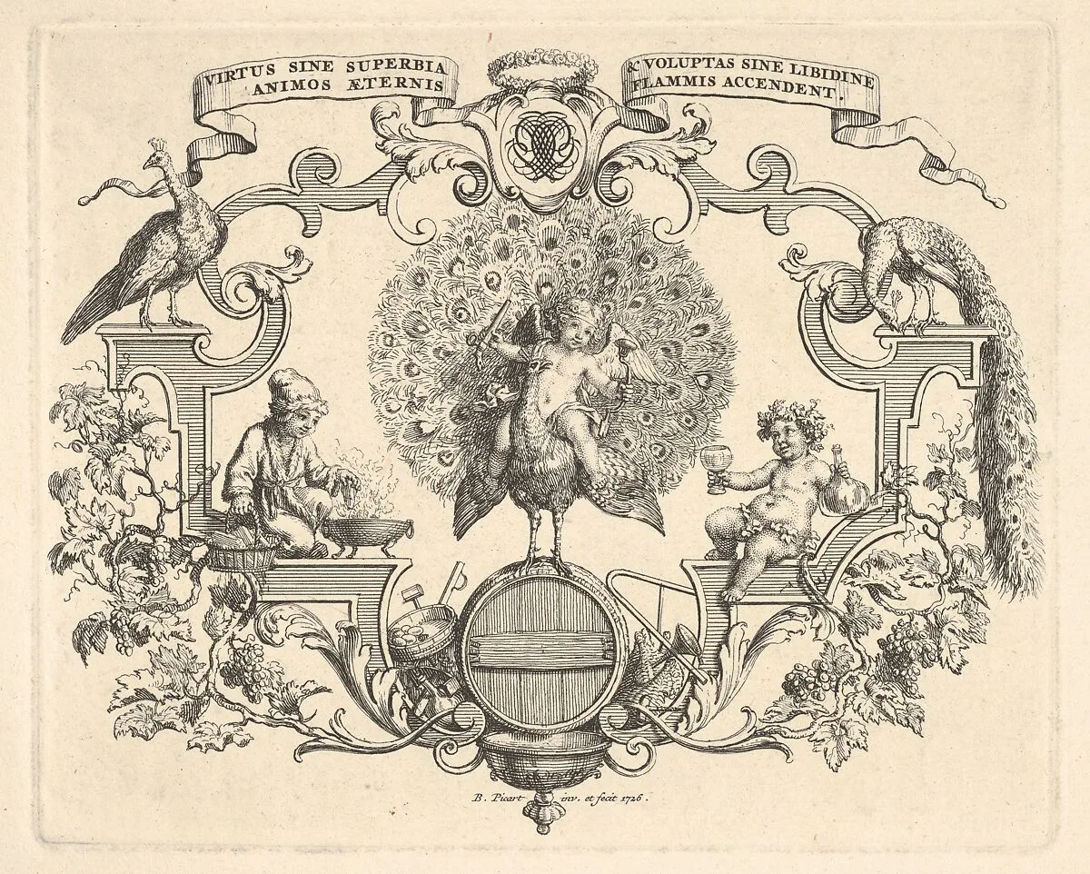 Epithalamium, at center a winged putto seated on a peacock standing on a barrel, at left a figure in fur-lined hat and outercoat holds a piece of wood over a brazier, at right a figure dressed in an ivy crown holds a goblet in one hand and a bottle in the other, surrounded by scrollwork and grapevines — Bernard Picart