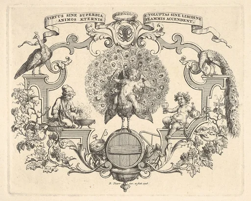 Epithalamium, at center a winged putto seated on a peacock standing on a barrel, at left a figure in fur-lined hat and outercoat holds a piece of wood over a brazier, at right a figure dressed in an ivy crown holds a goblet in one hand and a bottle in the other, surrounded by scrollwork and grapevines