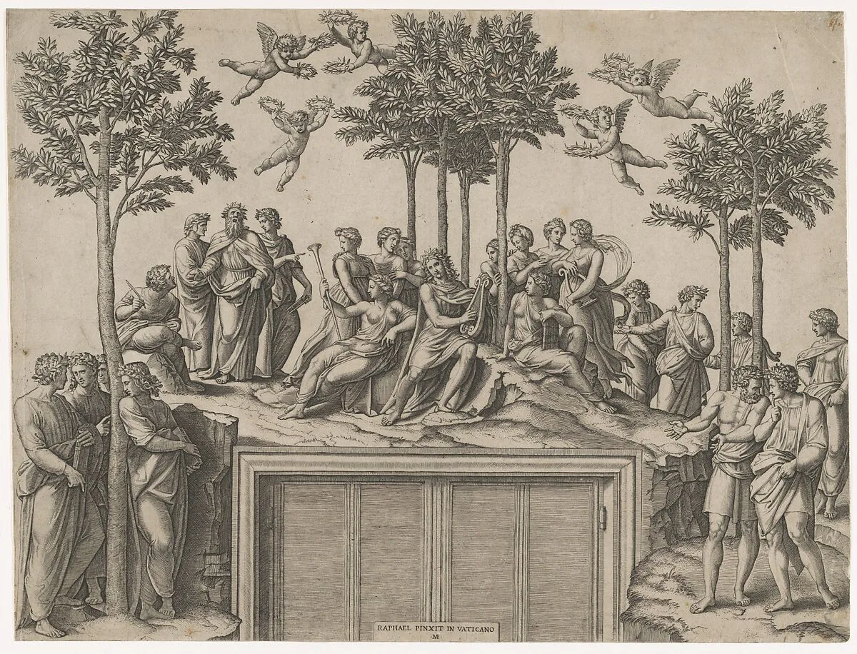 Apollo sitting on Parnassus surrounded by the muses and famous poets — Raphael (Raffaello Sanzio or Santi)|Marcantonio Raimondi