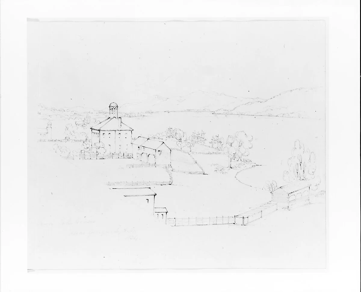 View from Lake House: School, Barn and Church (from Sketchbook) — John William Casilear
