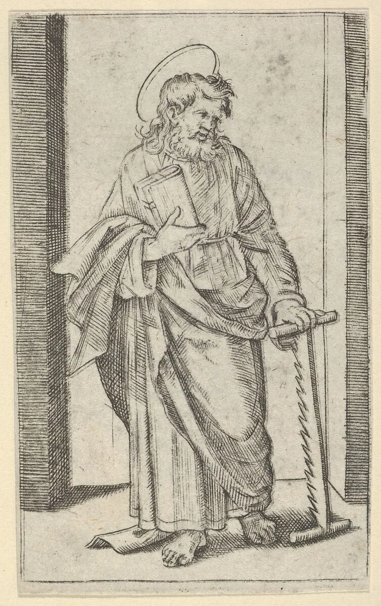 Saint Simon, a saw in his lowered left hand, from "Piccoli Santi" (Small Saints) — Marcantonio Raimondi|Raphael (Raffaello Sanzio or Santi)