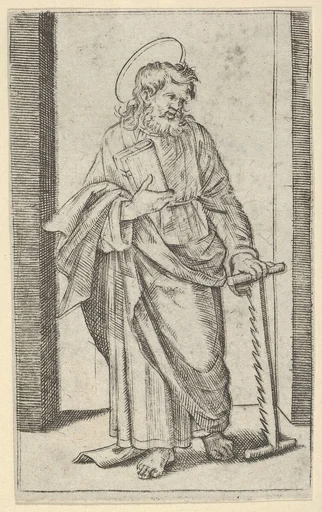 Saint Simon, a saw in his lowered left hand, from "Piccoli Santi" (Small Saints)