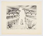 Silhouette of a man standing in front of a series of cave: Plate 3 from the portfolio 'Arquitectura Funcional' — Impresora America|Francisco Dosamantes, Mexican|José Sánchez