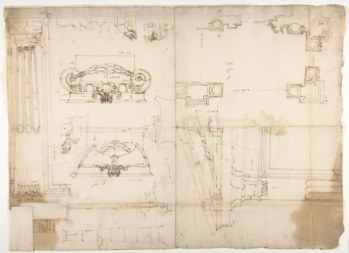 Palazzo dei Conservatori, portico, plan; portal, elevation; details, elevations (recto) Palazzo dei Conservatori, portico, elevation; details, profiles (verso) — Anonymous, French, 16th century