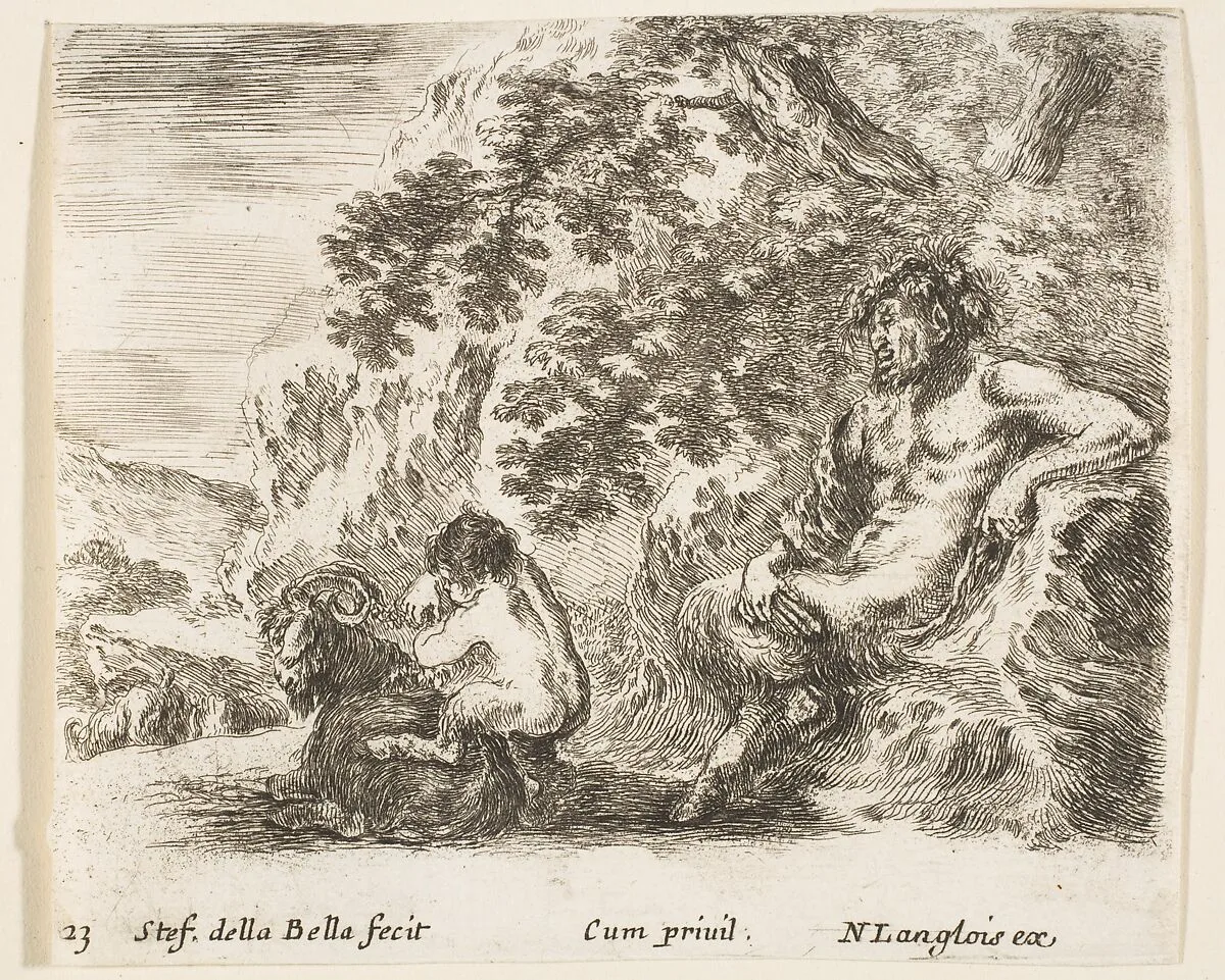 A satyr sitting against a tree to right and holding a flute in his right hand, a child playing with a goat to left, plate 23 from "Diversi capricci" — Stefano della Bella|Nicolas Langlois