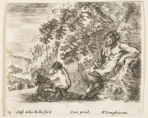 A satyr sitting against a tree to right and holding a flute in his right hand, a child playing with a goat to left, plate 23 from "Diversi capricci"