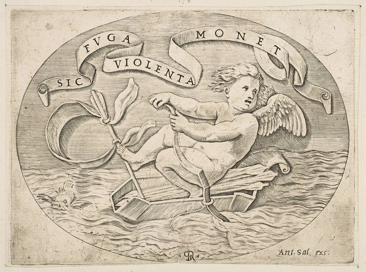 Eros Escaping by Sea; Cupid using his bow to propel a boat made from his quiver with an arrow as the mast and his blindfold as the sail, a banderole above — Marco Dente|Raphael (Raffaello Sanzio or Santi)|Antonio Salamanca
