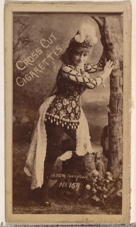 Card Number 159, Lydia Thompson, from the Actors and Actresses series (N145-1) issued by Duke Sons & Co. to promote Cross Cut Cigarettes — W. Duke, Sons & Co.