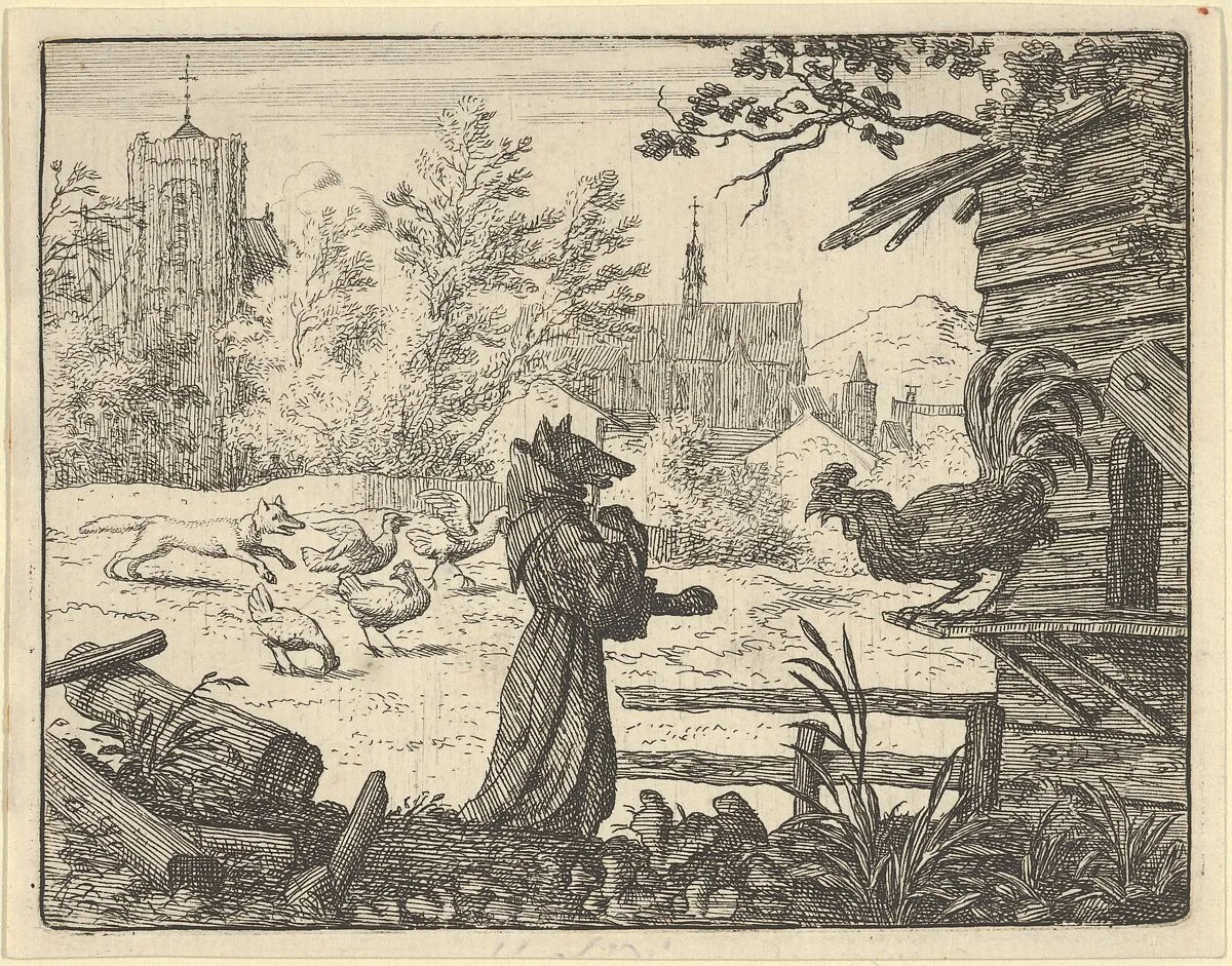Renard, Disguised as a Monk, Gains the Confidence of the Rooster from Hendrick van Alcmar's Renard The Fox — Allart van Everdingen