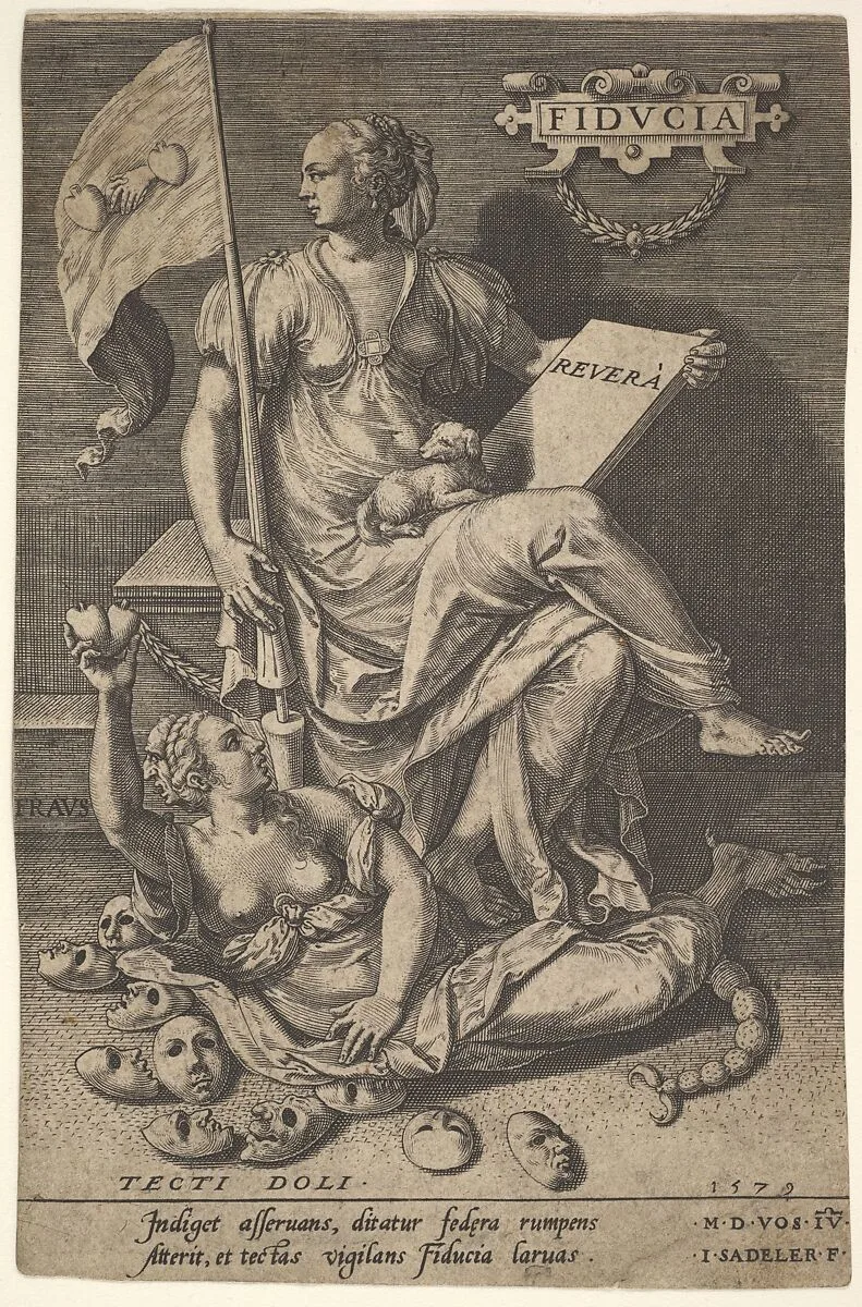 Fiducia, a seated woman holds a book and banner while turning her head away from a bare-breasted woman, who lies at her feet before an assemblage of masks on the ground, from the series 'Virtues conquering vices' after Maerten de Vos — Johann Sadeler I|Maerten de Vos