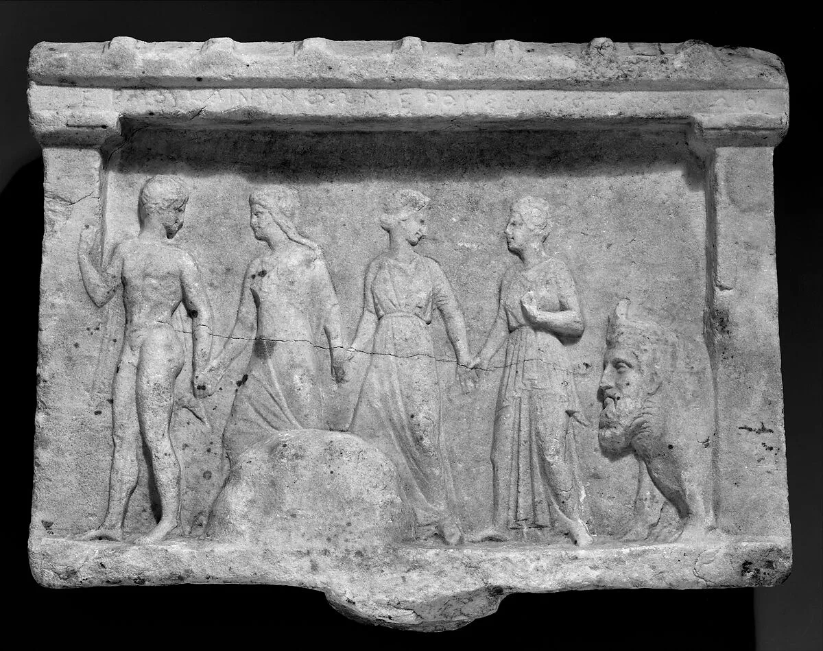 Marble relief of Hermes, three nymphs, and Acheloös — Unknown