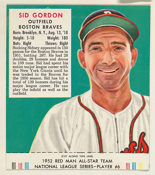 Sid Gordon, from the Red Man All-Star Team series (T232), issued by Red Man Chewing Tobacco — Red Man Chewing Tobacco