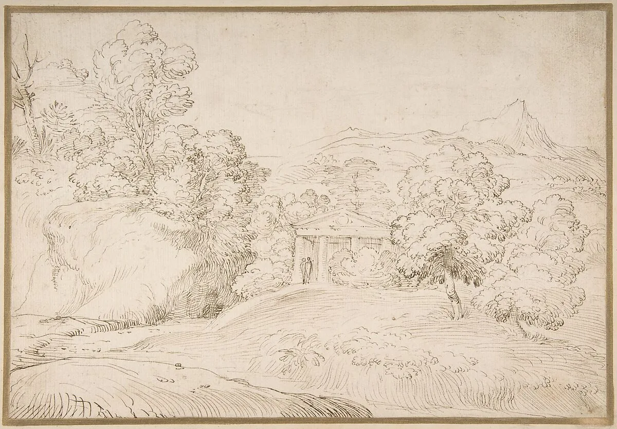 Landscape with a Pedimented Temple and Two Figures — Giovanni Francesco Grimaldi