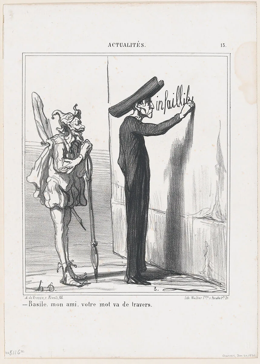 Basile, my friend, your word is going to be askew, from 'News of the day,' published in Le Charivari, January 20, 1870 — Walter Frères|Honoré Daumier|Arnaud de Vresse
