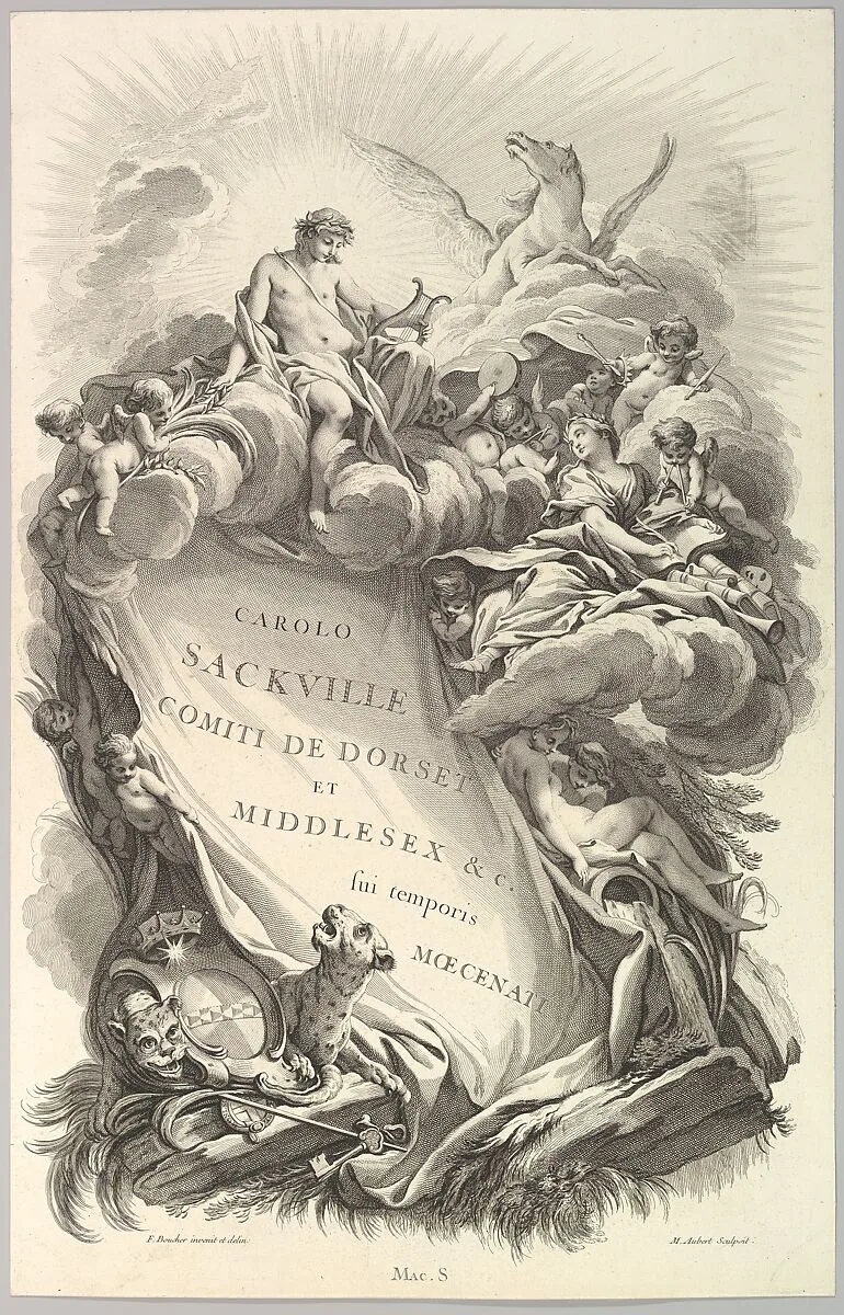 Frontispice pour le "Tombeau de Charles Sackville, comte de Dorset" (Frontispiece for the "Tomb of Charles Sackville, Earl of Dorset", from Tombeaux des Princes, des Grands Capitaines et autres Hommes illustres (Tombs of Princes, Great Captains, and other Illustrious Men) — François Boucher|Eugene MacSwiny|Michel Aubert