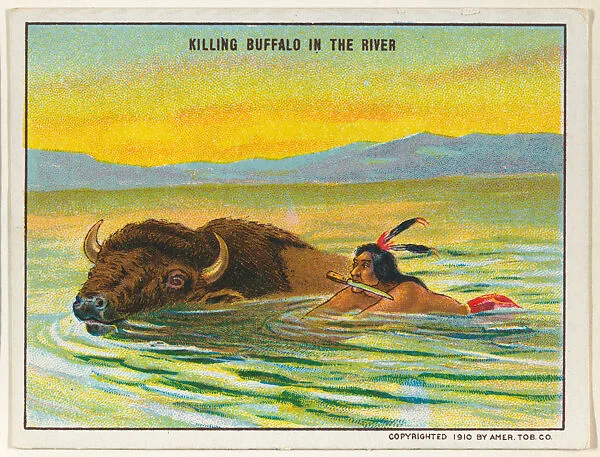 Killing Buffalo in the River, from the "Indian Life in the 60's" series (T73), issued with Hassan Cork Tip Cigarettes by the American Tobacco Company — American Tobacco Company