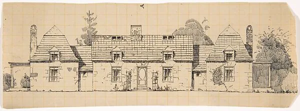 Stone House in the French Medieval Style, Front Elevation, with Two Wings (possibly for Dongan Hills, S. I.) — Ernest Flagg