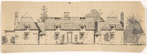 Stone House in the French Medieval Style, Front Elevation, with Two Wings (possibly for Dongan Hills, S. I.)
