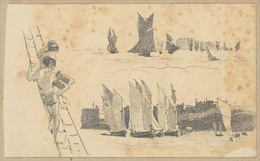Two Men in Ship's Rigging, Two Scenes with Sailboats (from Scrapbook)