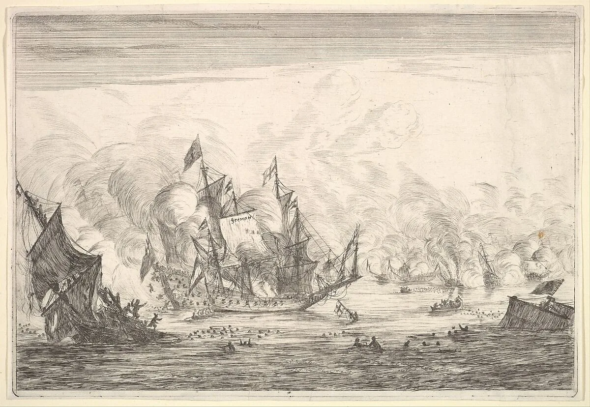 Naval Battle with an English Ship Foundering on the Left, from Naval Battles (Nieuwe Scheeps Batalien), plate 5 — Reinier Nooms, called Zeeman