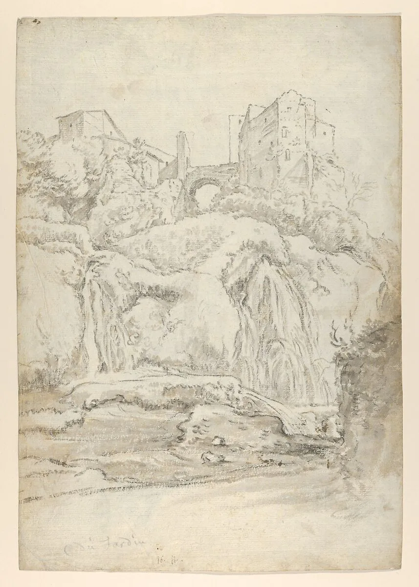 View of a Bridge and Waterfalls in Tivoli; verso: View of a Waterfall in Tivoli From Within a Cave — Karel Dujardin|Guilliam du Gardijn