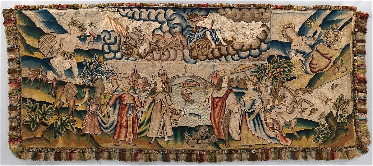 Panel from a table carpet showing the Four Continents, the Seasons, and Four Planets — Unknown