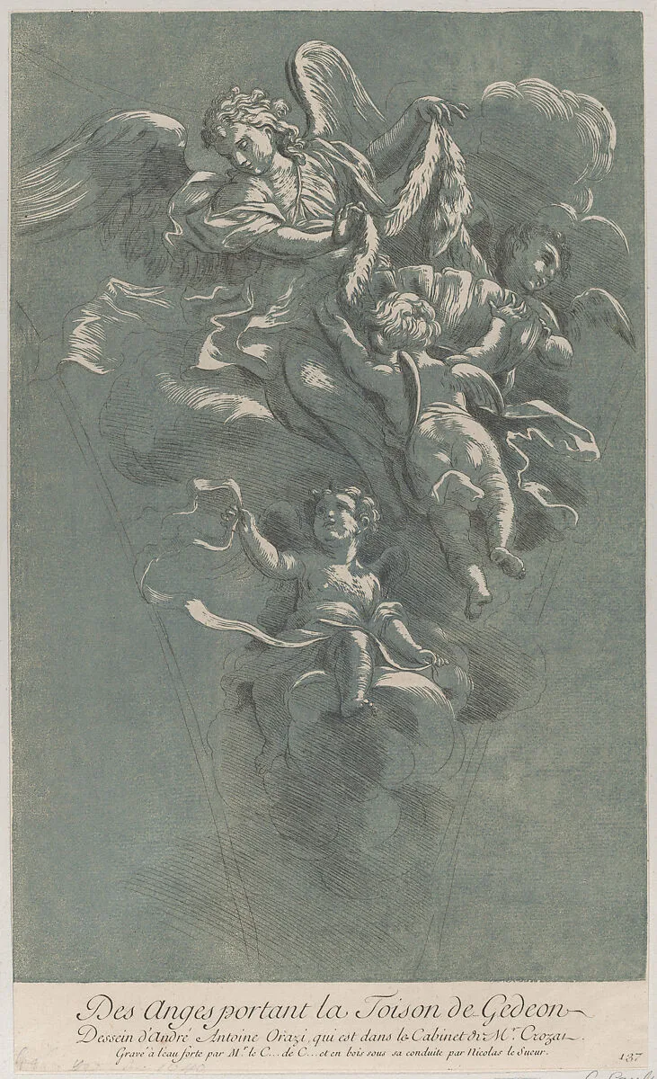 Three angels carrying Gideon's fleece; from 'Recueil d'estampes d'après les plus beaux tableaux et d'après les plus beaux desseins qui sont en France, Cabinet Crozat' after a drawing by Orazi — Andrea Antonio Orazi|Nicolas Le Sueur|Anne Claude Philippe de Tubières, comte de Caylus