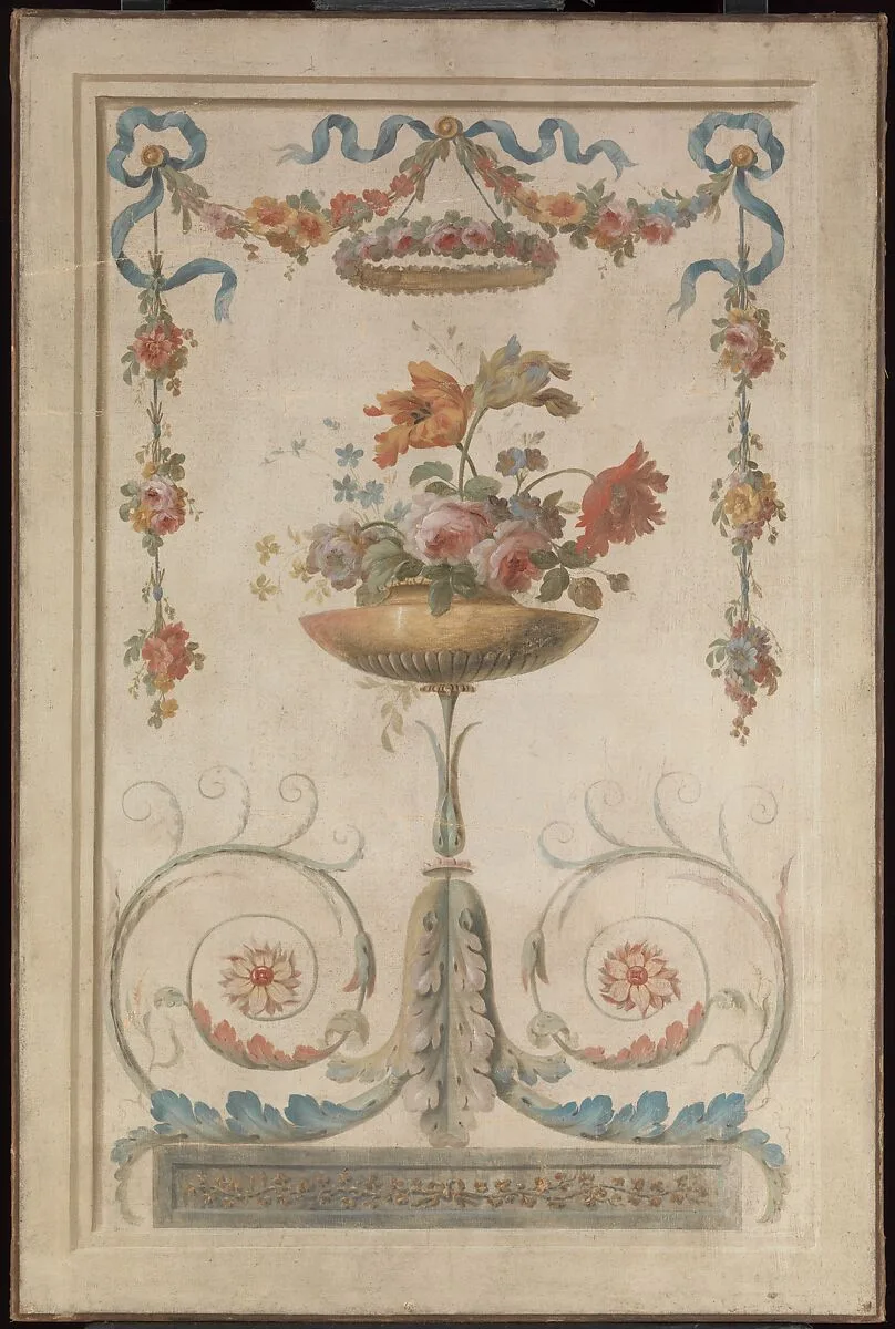Vase of Flowers Resting on Foliate Scrolls — French Painter