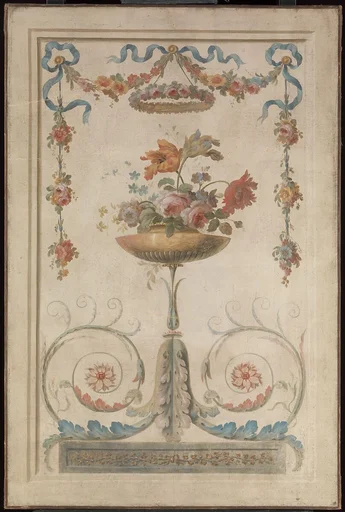 Vase of Flowers Resting on Foliate Scrolls