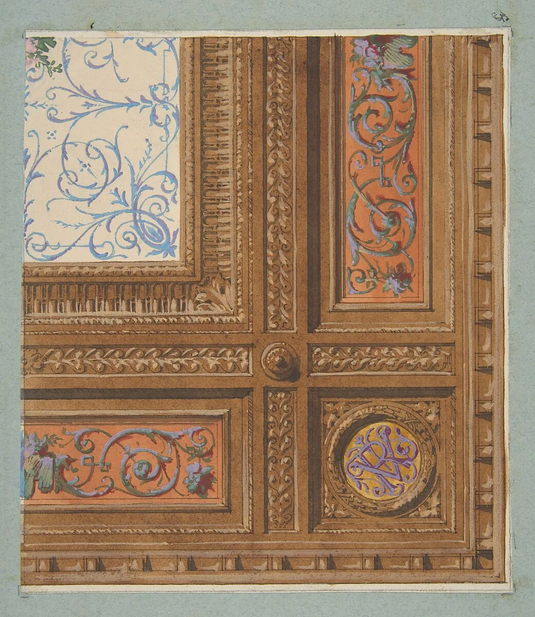 Design for the painted decoration of a coffered ceiling with initials: VR — Jules-Edmond-Charles Lachaise|Eugène-Pierre Gourdet